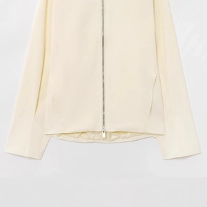 Minimalist cream white zip-up bomber jacket for women with smooth woven texture