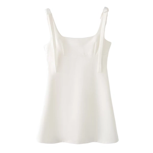Minimalist white sleeveless A-line dress with square neckline and bow decoration