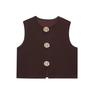 Women Casual Sleeveless Round Neck Slim Fit Short Vest Top With Golden Shell Buttons Dark Brown Fashion Streetwear Waistcoat
