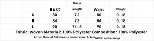 Größentabelle für Sommerkleid mit 3D-Blumenverzierung in den Größen S, M und L