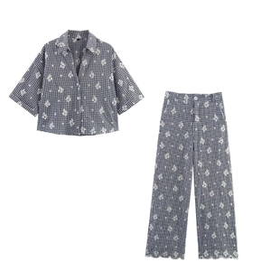 Women Gingham Floral Embroidery Shirt And Pants Casual Summer Co-ords Streetwear Boxy Fit Top Scalloped Hem Wide Leg Trousers