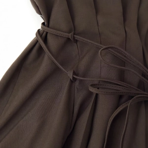 Elegant solid dark brown summer dress featuring a pleated waist and matching thin belt detail