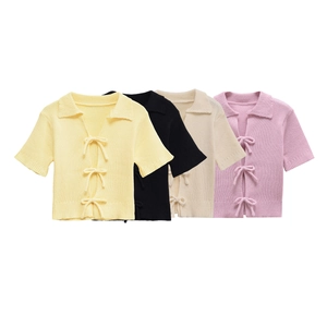Women Sweet Short Sleeve Knit Polo Shirt With Bow Tie Mercerized Cotton Slim Fit Solid Lapel Ribbed Hem Summer Fashion Top