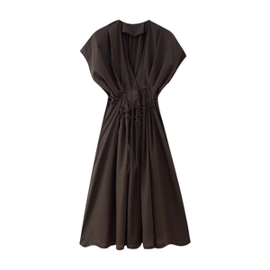 Dark brown V-neck maxi dress with drawstring waist and short wide sleeves on white background