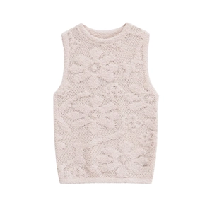 Haut en Tricot Sans Manches pour Femmes Décontracté Texture Florale Col Rond Mélange Polyester Coton Pull Large