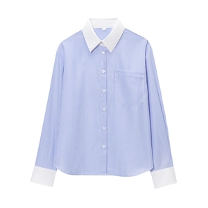 Damen Gestreiftes Langarmhemd Farblock Kontrastkragen Button-Down-Bluse Commuter Tops