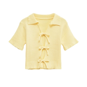 Short sleeve light yellow knit cardigan with bow tie closure and lapel collar design