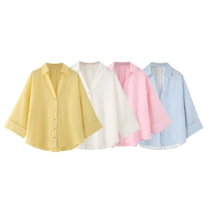 Relaxed fit linen blend long sleeve shirts in solid colors and blue stripes with lapel collar