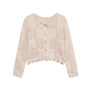 Gilet en Maille Vintage Français pour Femmes Bord Festonné Ajouré Col Rond Manches Longues Boutonné Pull Court Beige