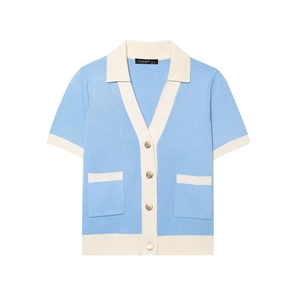 Short sleeve light blue knit cardigan with white trim and gold buttons on plain background