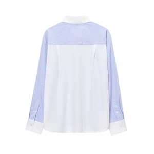 Damen Langarmhemd mit blau-weißen Streifen und farblich abgesetzten Details in Weiß