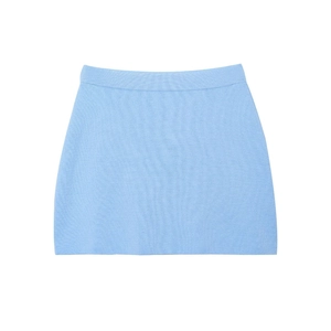 Light blue knit mini skirt with elastic waist and ribbed texture on white background