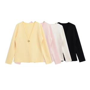 Women Elegant V-Neck Knitted Cardigan Mercerized Cotton Long Sleeve Top With Metal Button Solid Color Casual Sweater Coat