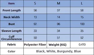 Size chart for autumn knit cardigan showing measurements for chest, length, and sleeve sizes