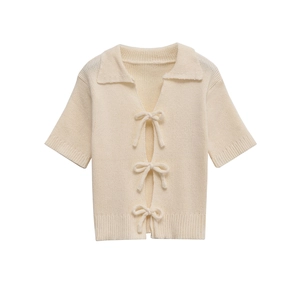 Women's cream short sleeve knit cardigan with bow ties and polo collar for spring