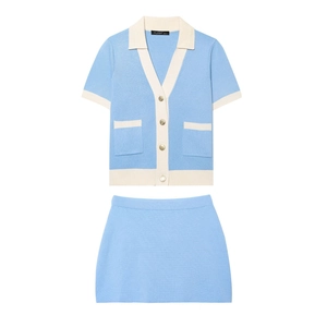 Women Knit Short Sleeve V Neck Cardigan And Mini Skirt Color Block Light Blue Off White Preppy Style