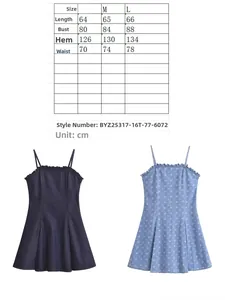Size chart for women's denim slip dress showing measurements for bust, waist, and length