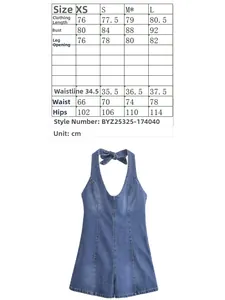 Guide des tailles détaillé pour robe dos nu en jean avec mesures allant du XS au L