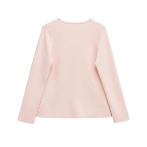 Detailed back view of a pink long sleeve knitted cardigan with smooth seamless hems