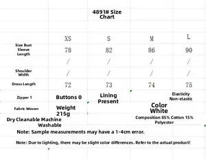 Detailed size chart for the white summer halter neck dress with material specifications