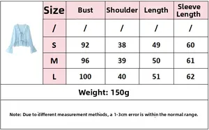 Detailed size chart for blue chiffon blouse with bust and shoulder measurements