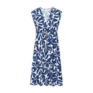 Women Summer V Neck Sleeveless Floral Print Midi Dress Drawstring Waist Elegant A Line Vacation Beach Dress