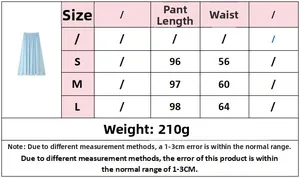 Size guide for light blue skirt with measurements for S, M, L in a pink and white table
