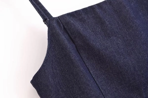 Détail macro des coutures de la bretelle en denim bleu foncé et texture du tissu