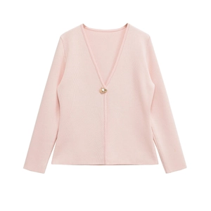 Elegant light pink women's V-neck knit cardigan with a gold designer button detail