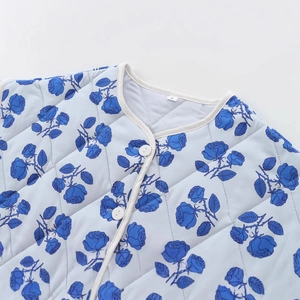 Quilted light blue floral cotton jacket with rose prints and white trim for autumn winter