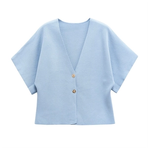 Detailed view of light blue V-neck knitted vest featuring subtle texture and two buttons