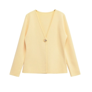 Light yellow V-neck knitted cardigan with elegant gold button accent for women