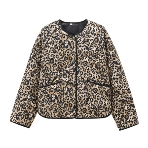 Quilted leopard print jacket with round neck and black trim button closure