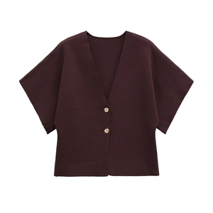 Close-up of deep brown knit cardigan featuring V-neckline and elegant gold buttons