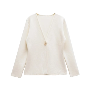Slim fit cream knit cardigan with deep V-neck and decorative gold buckle detail