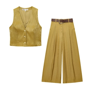 Ensemble Mode Été 2025 Femmes Gilet Et Pantalon Large Couleur Unie Élégant Style Street Top And Bottom