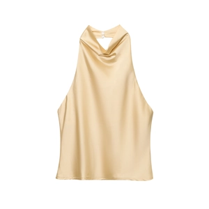 Elegant champagne satin halter top with draped neckline and button closure on white background