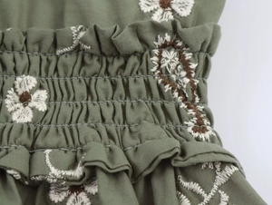 Detail von bestickten Blumenmustern und gesmokter Taillentextur auf dunkelgrünem Kleid