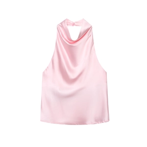 Pink satin halter neck top with elegant draped collar and sleeveless design
