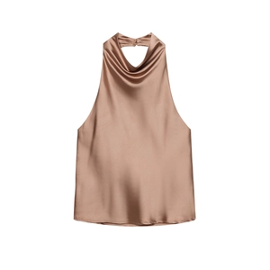 Elegant champagne satin halter top with a draped cowl neck and glossy silk finish