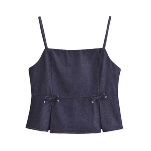 Caraco en Denim Bleu Foncé pour Femme avec Col Carré et Nœud Top à Volant Mode Été Vêtements Streetwear Sans Manches