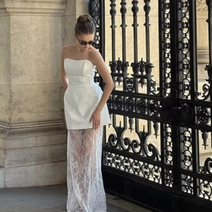 Haut Court Sans Bretelles Élégant Pour Femme Et Ensemble Jupe Midi En Dentelle Florale Patchwork Top And Bottom Suite Slim Fit