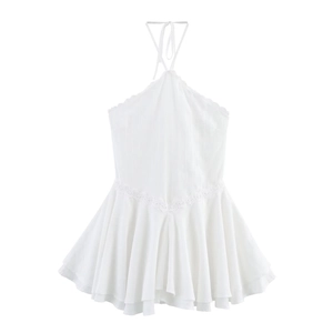 Women Sexy White Halter Backless Mini Dress Lace Trim Ruffle Summer Vacation Sleeveless Cotton Blend Party Dress