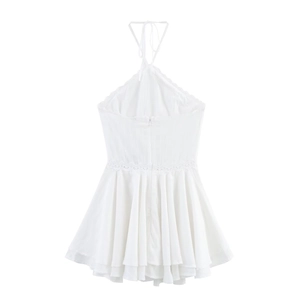 White halter dress with lace trim and pleated skirt for elegant summer style