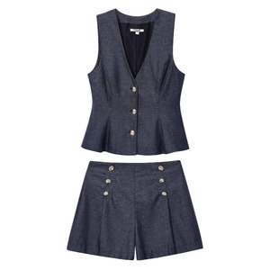 Women Denim Texture Peplum Vest And High Waist Wide Leg Shorts Co-ords Button Up Sleeveless Top And Shorts Two Outfits