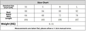 Size chart table for midi dress showing bust, waist, and length measurements from XS to L