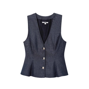 Women's 2025 summer grey linen-texture peplum vest top with V-neck and silver buttons