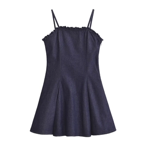 Women Casual Denim Cami Dress Ruffle Trim Floral Print A-Line Mini Dress Sleeveless Vintage Sweet Summer Sundress For Women
