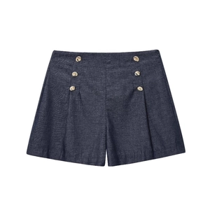 Women's dark blue denim shorts with high waist, wide leg cut and gold decorative buttons