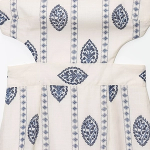 Women's summer midi dress with hollow-out waist and blue floral embroidery print